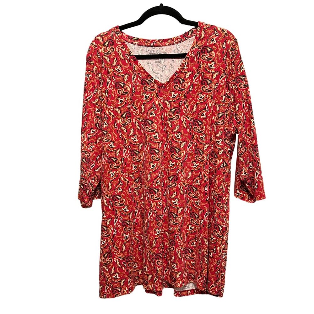 Woman Within size 1X 22/24 red paisley cotton v neck 3/4 sleeve tunic top
